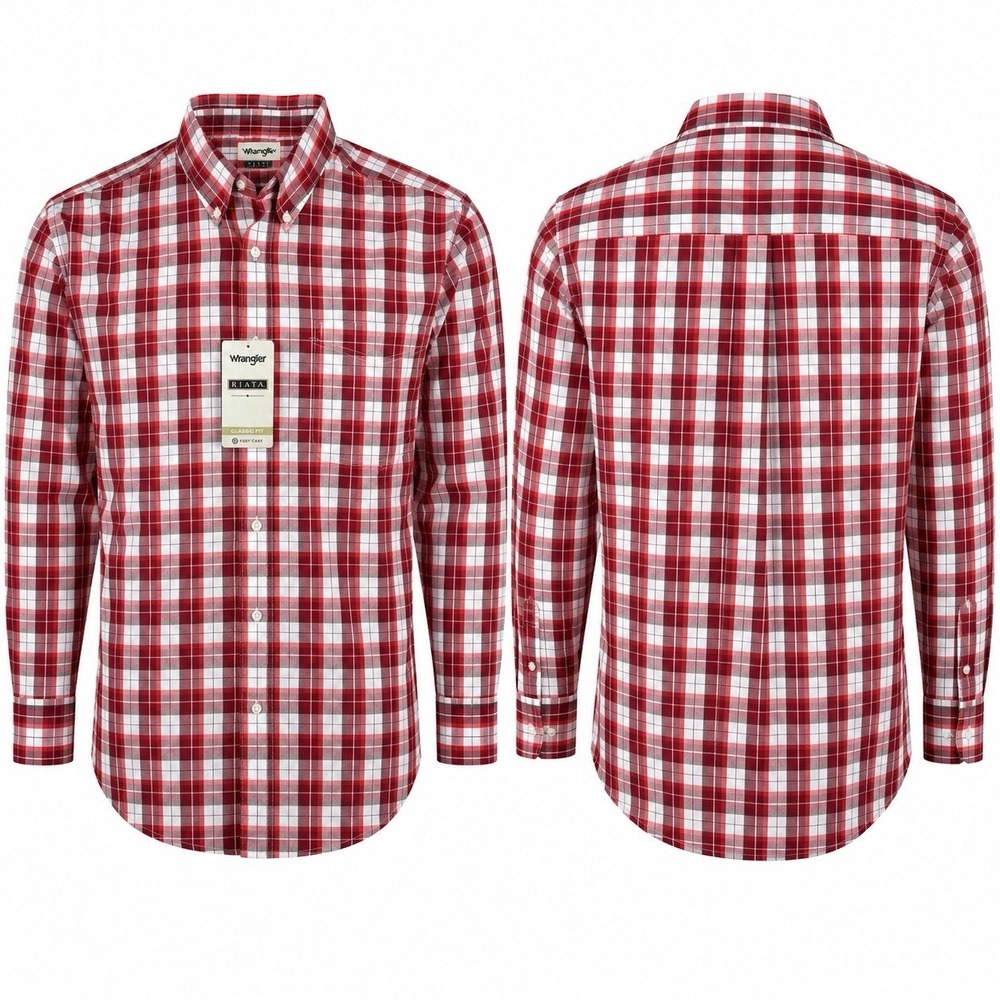 NEW Wrangler Riata Mens Medium Red Plaid Button Down Shirt Classic Fit Easy Care